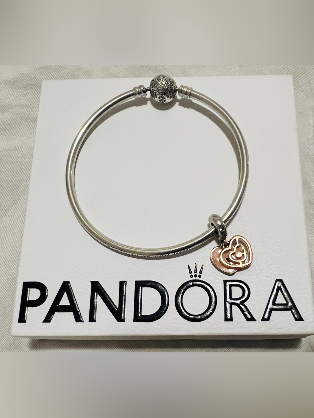 Pandora Two-Tone Heart Charm Bangle Bracelet - Silver & Rose Gold
